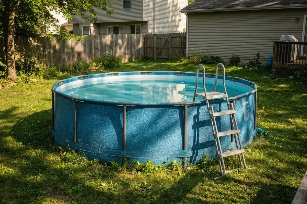Round above-ground pool in a backyard, measured wall to wall for its volume