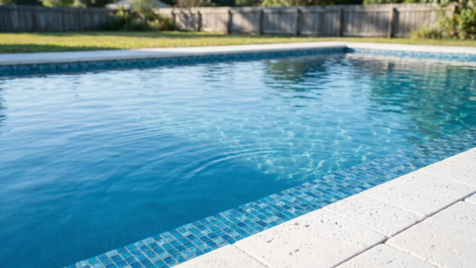 Calm blue water in a backyard pool with white coping