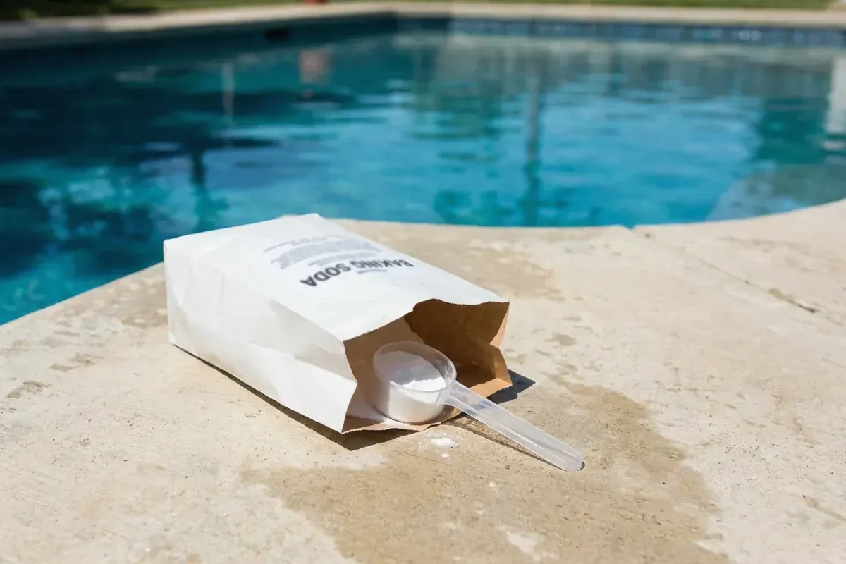Bag of baking soda beside a pool for raising total alkalinity