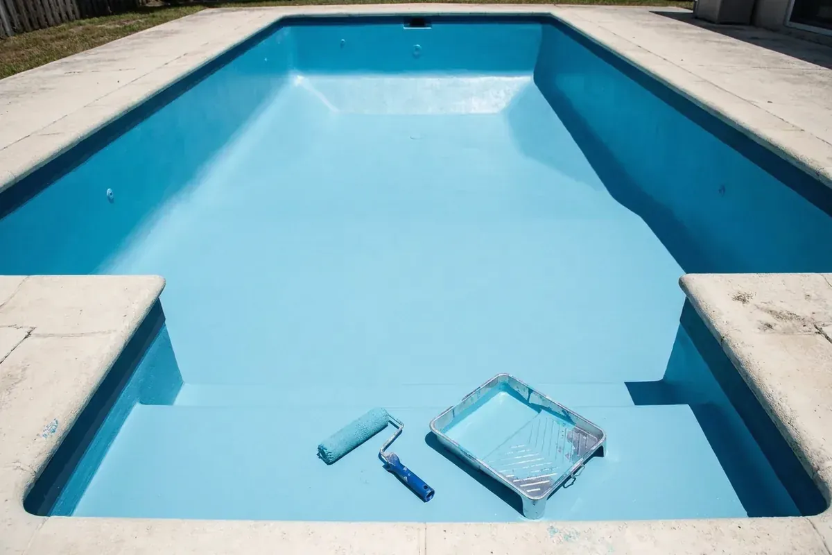 Empty pool freshly painted blue, floor and walls