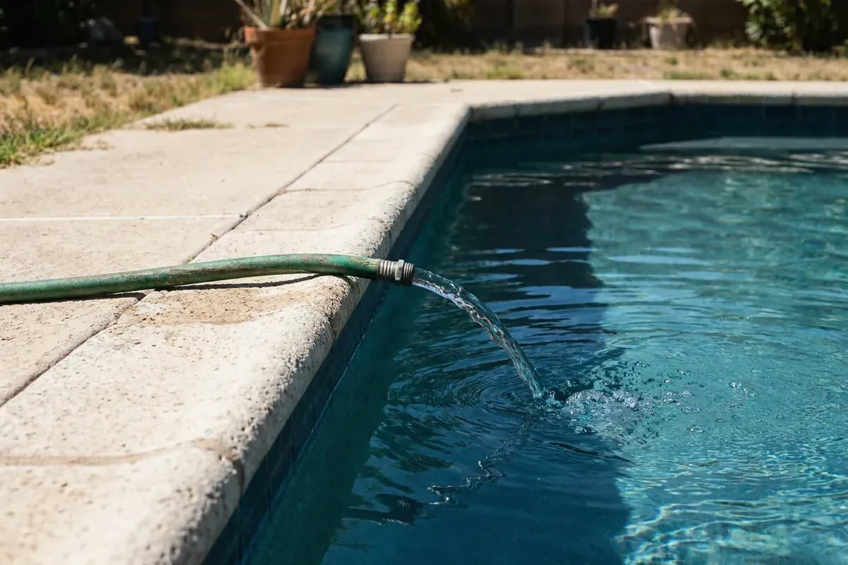 Garden hose filling a swimming pool with fresh water