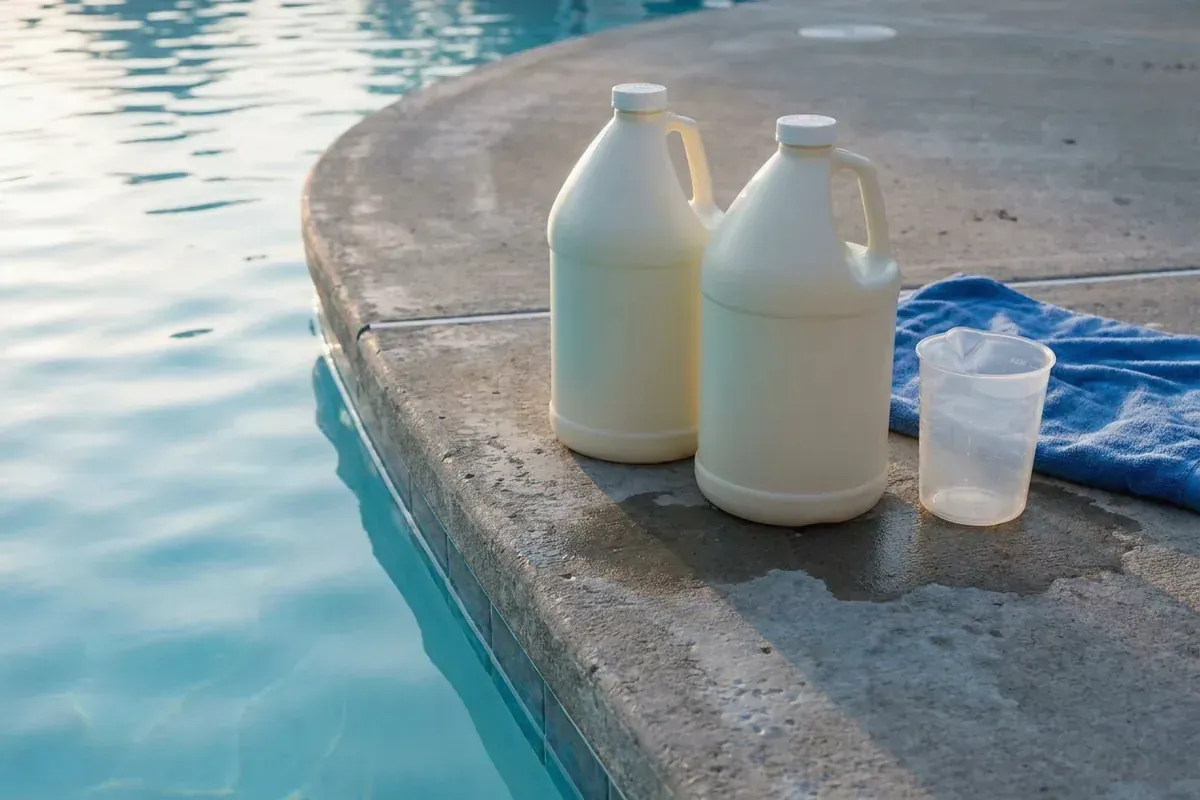 Liquid chlorine jugs set out to shock a pool at dusk