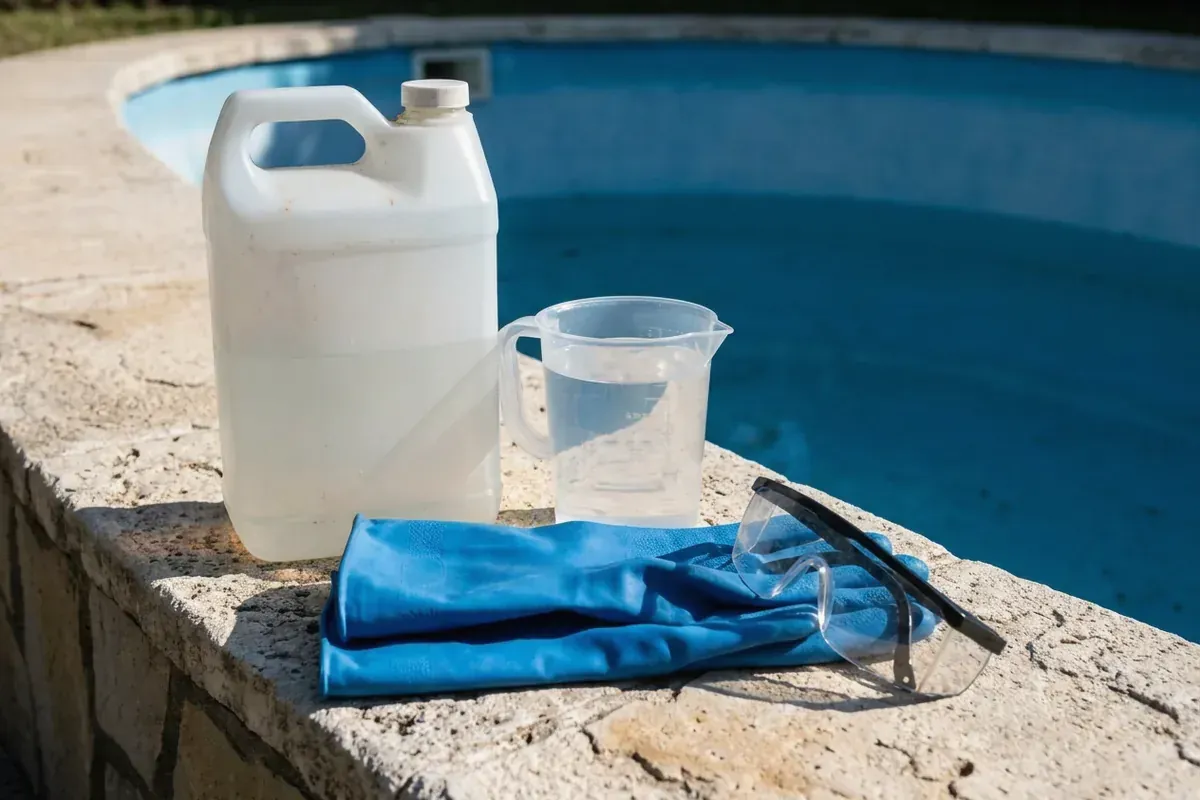 Muriatic acid jug and a measuring cup used to lower pool pH