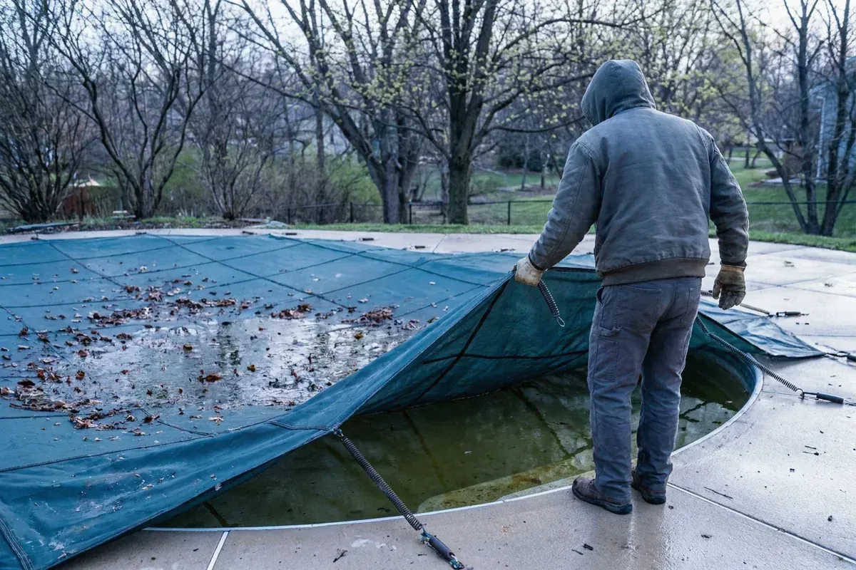 Winter cover being pulled off a pool in spring before adding opening chemicals