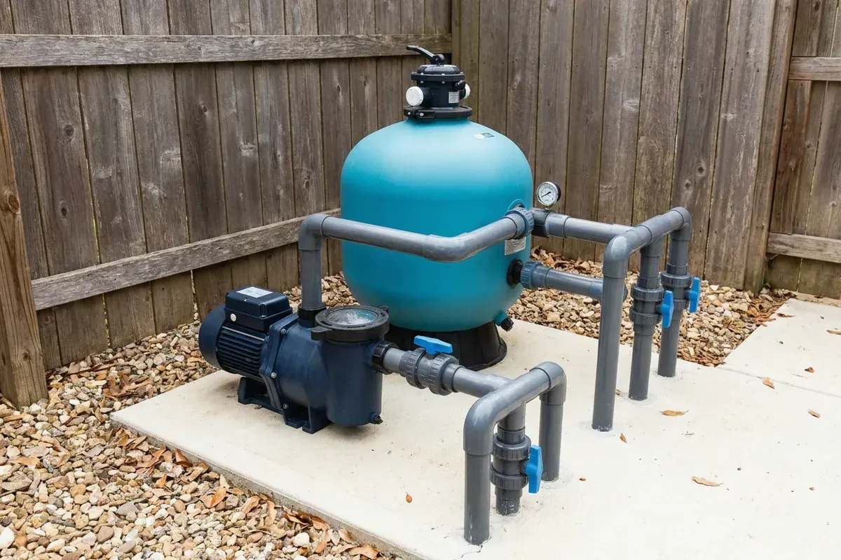 Sand filter tank next to the pool pump, sized for the pool