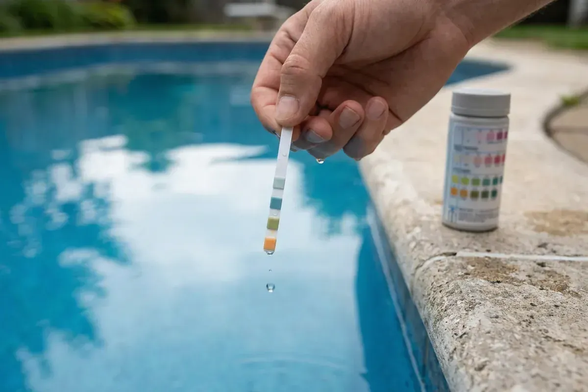 Pool test strip held over the water to read chlorine and pH